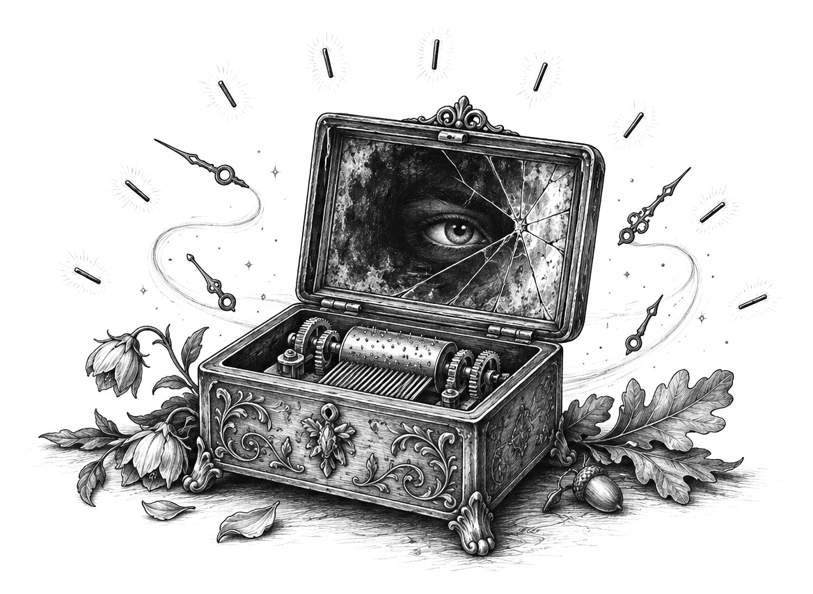 Interior illustration: a carved music box with a cracked mirror lid, watching eye inside