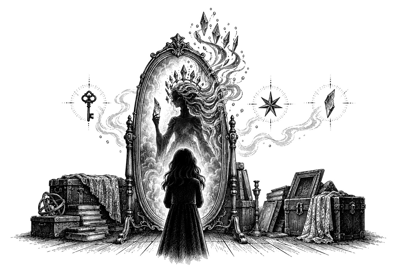 Interior illustration: a girl facing a tall mirror in which a crowned figure appears