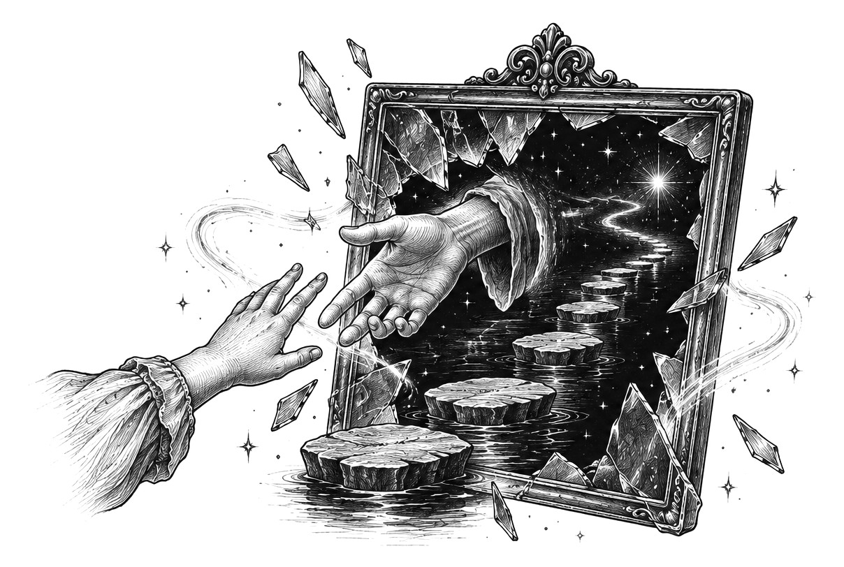 Interior illustration: a hand reaching through a broken, star-lit mirror towards another hand